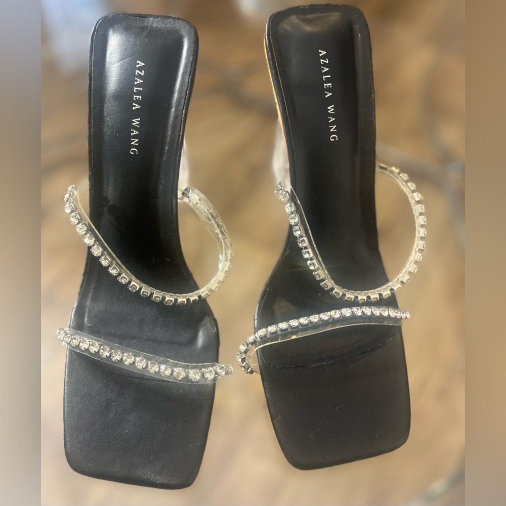 Diamond encrusted double strap heeled sandal.